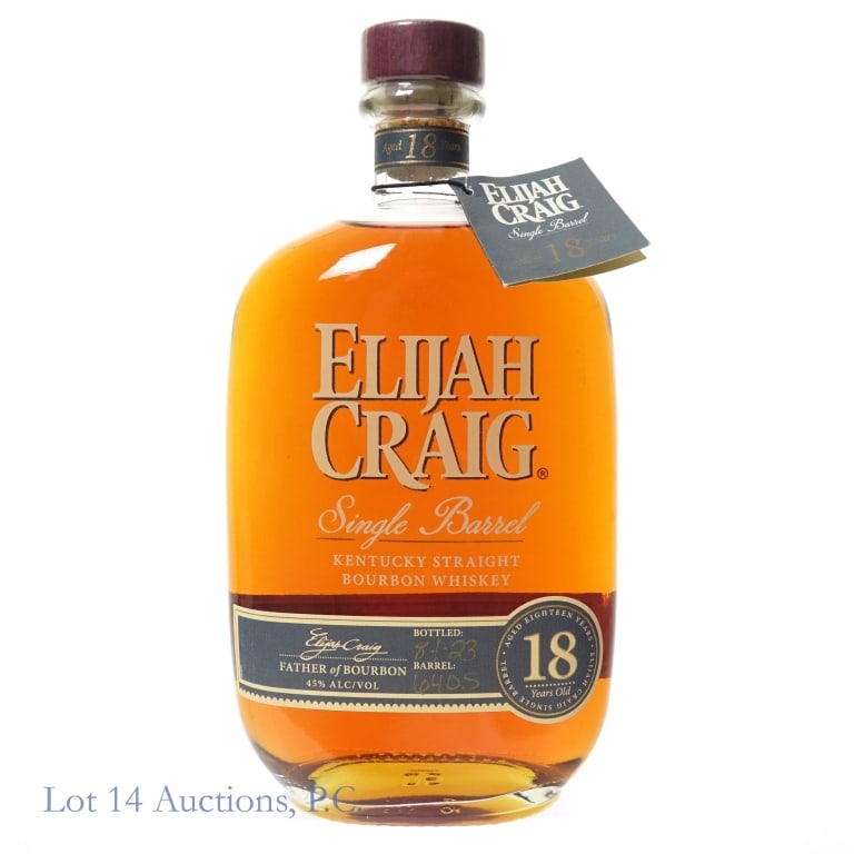 Elijah Craig 18 Year Single Barrel Bourbon, 2023: Elijah Craig Single Barrel Kentucky Straight Bourbon Whiskey, Aged 18 years. 90 proof, 750ml. Bottled 8-1-2023. Barrel: 640S (or 6405). With neck tag.