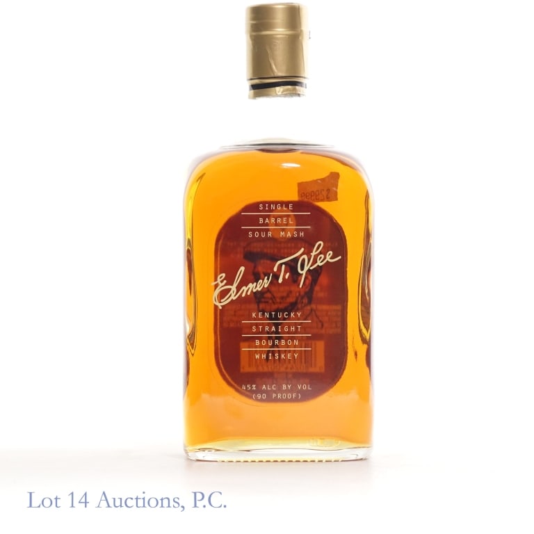 Elmer T. Lee Single Barrel Sour Mash Bourbon: Elmer T. Lee single barrel sour mash Kentucky straight bourbon whiskey. 45% ABV (90 proof). 750 ml. Buffalo Trace Distillery. Etch: L221670121:15K.