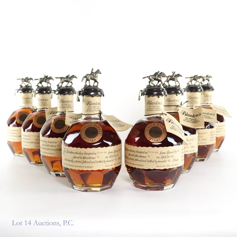Blanton's Bourbon B-L-A-N-T-O-N:-S Set, 2022 PICK: Full Matching! set of Blanton's Single Barrel Bourbon Whiskey. 8 bottles of Blanton's "Vintage" Pick Single Barrel Select. Dumped 10-14-22. Wrhs H, Rick 28, Barrel 38, Bottle 104, 93 proof, 750ml. "B"