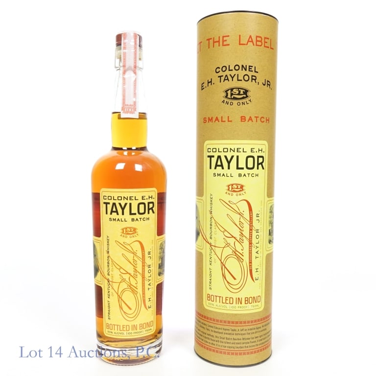 Colonel E.H. Taylor Small Batch Bourbon BIB: Colonel E.H. Taylor Small Batch Bourbon Bottled in Bond, 100 Proof, 750 ml. Cylinder tube included. Etch: L1 23:58 22525.