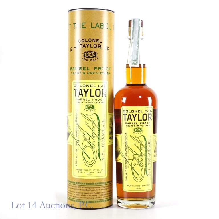 Colonel E.H. Taylor Barrel Proof Bourbon: Colonel E. H. Taylor Barrel Proof, Uncut & Unfiltered Kentucky Bourbon Whiskey. 127.4 proof, 750ml with cylinder. Etch: L25213 01 04:46D.