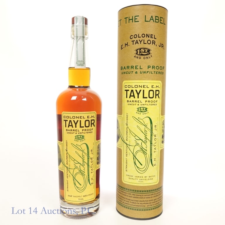 Colonel E.H. Taylor Barrel Proof Bourbon Batch 13: Colonel E.H. Taylor Barrel Proof Bourbon (2023), 127.3 Proof, 750 ml, Batch #13, Cylinder tube included. Etch: L24298 Q1 07:52D. (Note: The 2021 release was also 127.3 proof.)