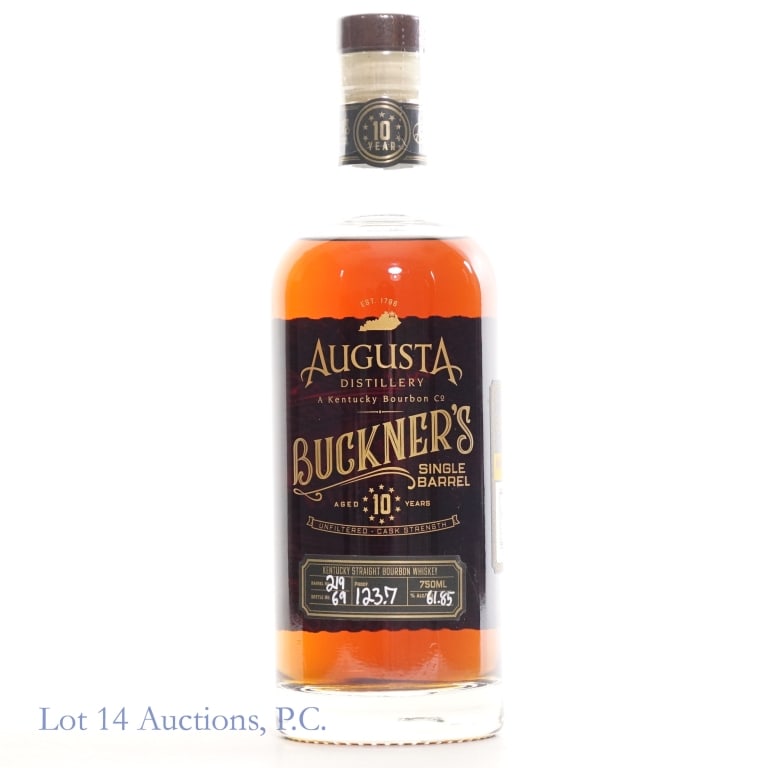Augusta 10 Year Buckner's Single Barrel Bourbon: Augusta distillery Buckner's Single Barrel Bourbon, aged 10 years, 123.7 proof, 750ml, barrel no. 219, bottle no. 69.