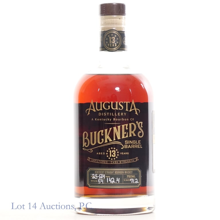 Augusta 13 Year Buckner's Bourbon: Augusta distillery Buckner's Cask Strength Single Barrel Bourbon, aged 13 years, 142.4 proof, 750ml. Barrel no. 25-124, bottle no. 54.