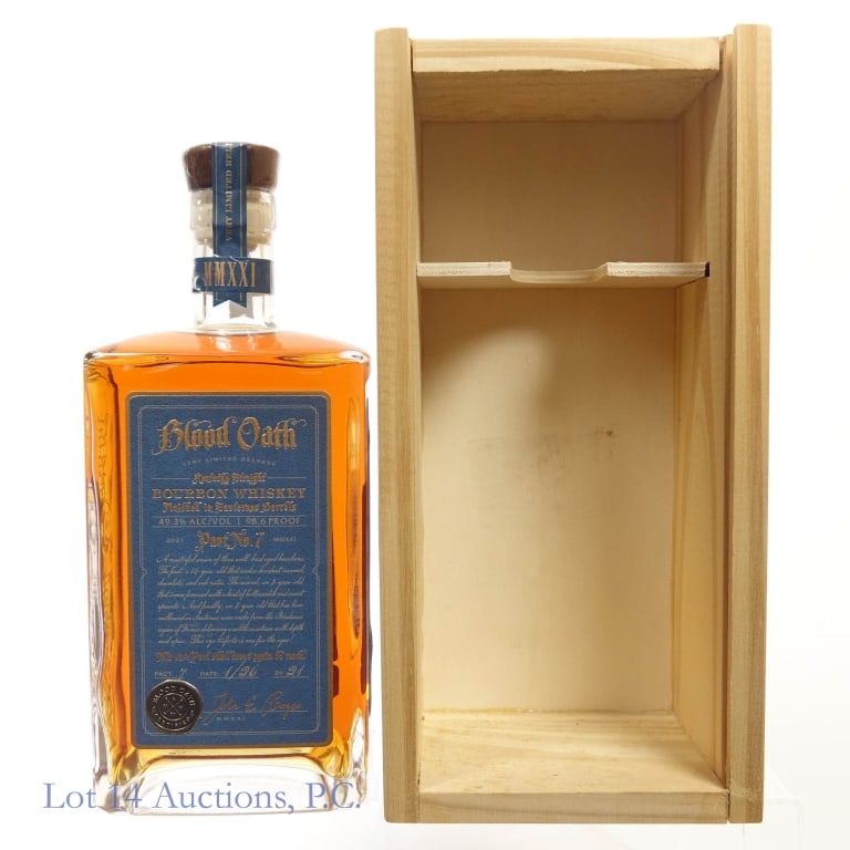 Blood Oath Bourbon Whiskey Pact No.7, 2021: Blood Oath Pact No. 7 Kentucky Straight Bourbon Whiskey Finished in Sauternes Barrels. 98.6 proof, 750ml. January 26, 2021. NOTE: Front panel of box is MISSING.
