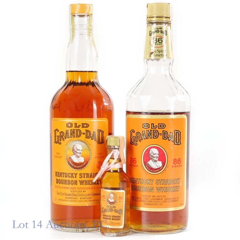 Old Grand-Dad Straight Bourbon Whiskey (2+1): Three bottles of Old Grand-Dad Kentucky Straight Bourbon Whiskey. All have tax strips. Two are 750ml and one is 50ml. The first 750ml bottle is 100 proof. It has an unbroken tax strip, dating it from