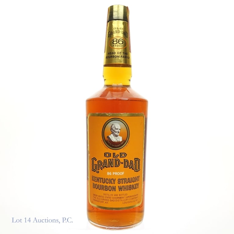 1973 Old Grand-Dad Straight Bourbon Whiskey: Old Grand-Dad Kentucky straight bourbon whiskey. 86 proof. 4/5 quart. Series 112 (Internal Revenue) tax strip (1961-77) with "73" embossed on bottom of the bottle.
