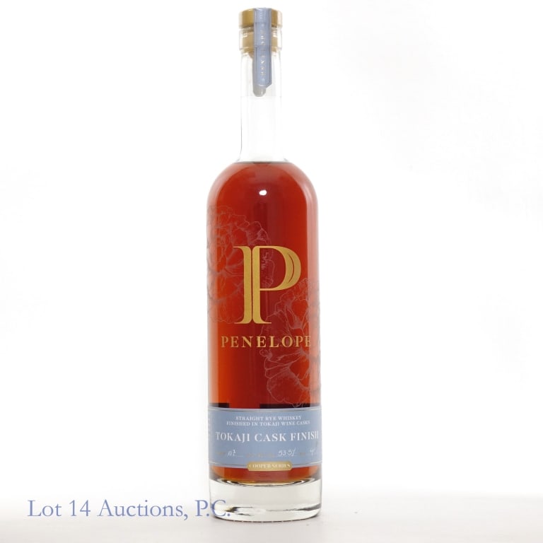 Penelope Tokaji Cask Finish Rye Whiskey: Penelope Tokaji Cask Finish Rye Whiskey, aged 6 years, Cooper series. 107 proof, 750ml. Small stain on lower label.
