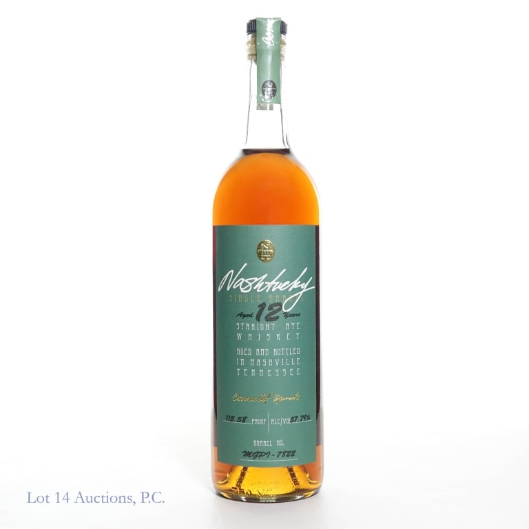 Nashtucky Single Barrel 12 Yr. Rye Whiskey: Nashtucky single barrel straight rye whiskey aged 12 years Connected Spirits. 115.58 proof, 740ml.