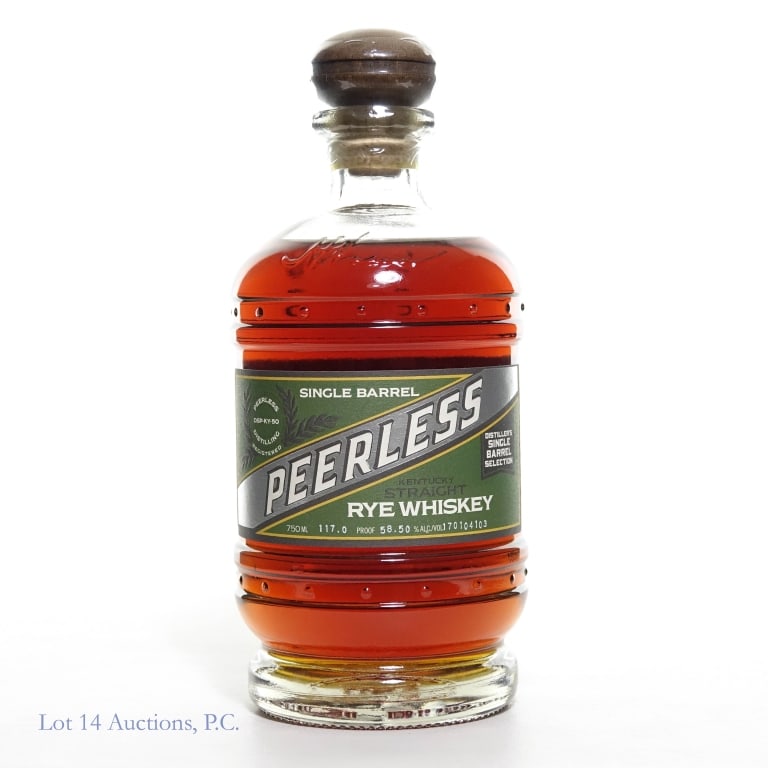Peerless Single Barrel Sel. Rye Whiskey: Peerless Single Barrel Distiller's Selection Kentucky Straight Rye Whiskey. Cake profile. 117.0 proof, 750ml, Bottle 170104103.