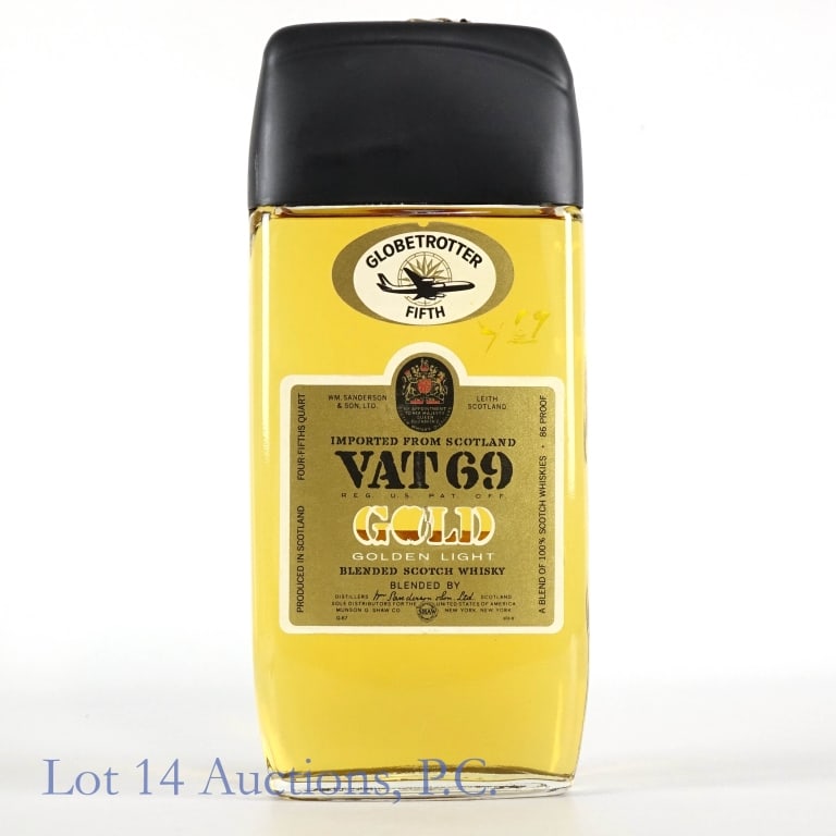 Vintage VAT 69 Gold Blended Scotch Whisky: Vintage VAT 69 Gold Golden Light Blended Scotch Whisky, Globetrotter Fifth. 86 Proof, 4/5 Quart.