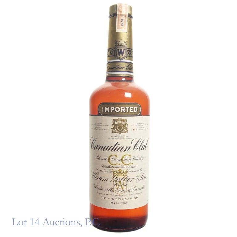 Canadian Club Whisky 1974: 1974 Canadian Club Blended Canadian Whisky, Canadian tax strip fully intact. 86.8 Proof, 750ml.