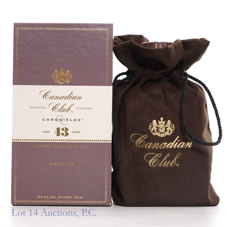 Canadian Club Chronicles 43 Year Whiskey: Canadian Club Chronicles Blended Canadian Whisky, aged 43 years. 90 proof, 750ml, Issue no. 3: The Speakeasy. Box and bag included.