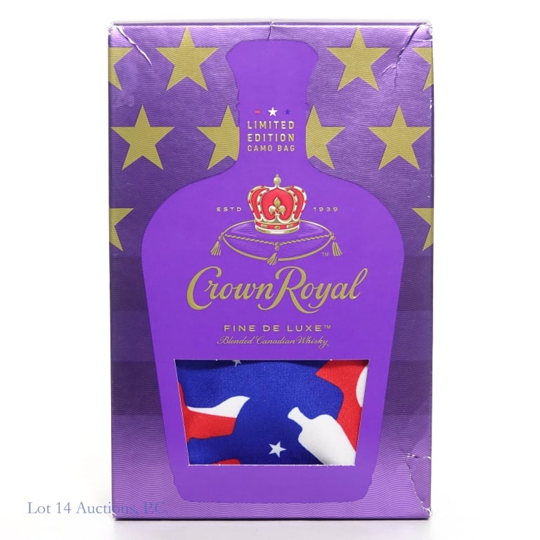 Crown Royal Camo Bag Canadian Whisky: Crown Fine De Luxe Blended Canadian Whisky, 80 Proof, 750 ml, Sealed in box with limited edition camo bag, box slightly damaged in corners.