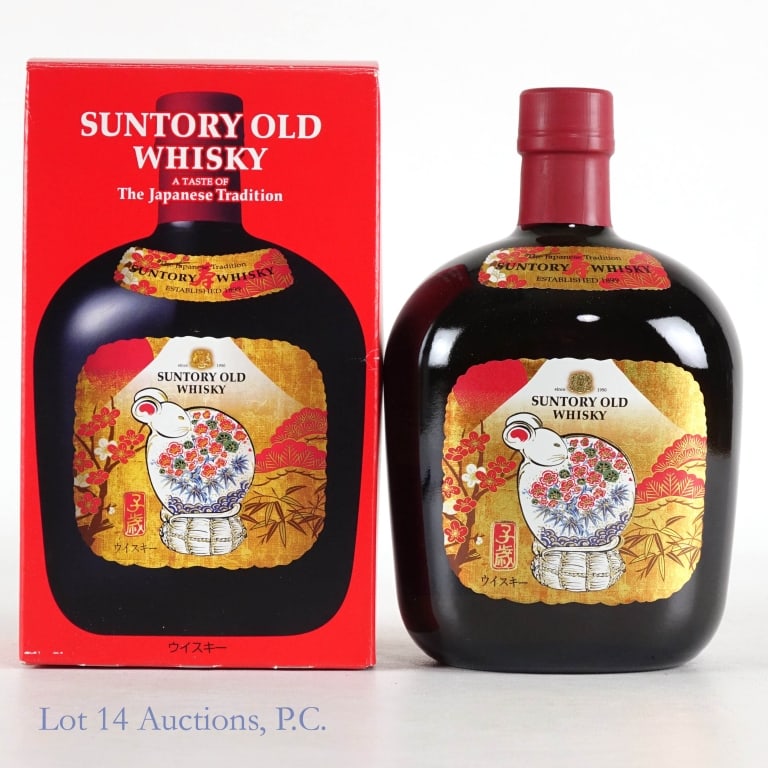 Suntory Old Japanese Whisky (Year Of The Rat): Suntory Old Japanese Whisky, 80 Proof, 700 ml, Limited Edition Year of the Rat, Japan import, Colorful label artwork, with original box, Small tear on the top flap of the box.