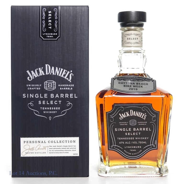 Jack Daniel's Bike Week 2019 SB Tenn. Whiskey: Jack Daniel's Single Barrel Tennessee Whiskey (2019), 94 Proof, 750 ml, Daytona Beach Bike Week 2019 Private Selection, Bottled: 1-3-19, Barrel #19-00063. Metal neck tag and original box included.