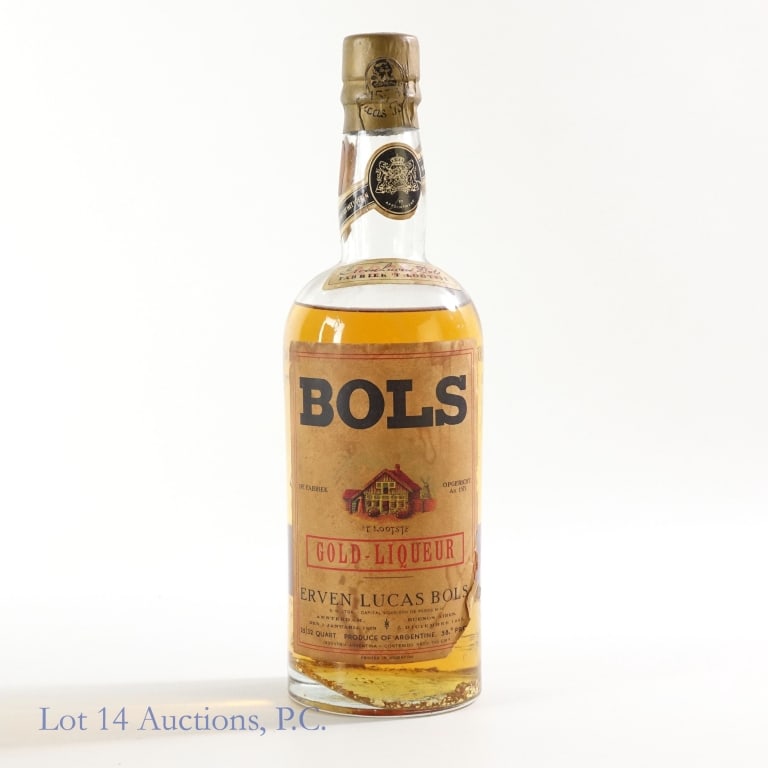 Bols Gold Liqueur - Argentina (1940s/50s??)**: Bols Gold Liqueur. 58 proof. 25/32 quart. Golden flecks appear in the bottle. Tax strip is largely gone - but remnants of a denominated tax strip imply a 1950s or earlier date. Capsule is loose. Made
