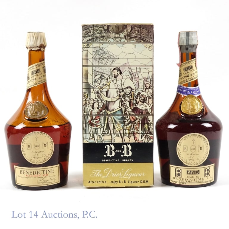 Vintage B&B Dom Liqueur Le Directeur (2): Two (2) vintage bottles of Dom B&B Benedictine and Brandy Le Directeur Liqueur ****** One bottle has fully intact Series 112 1961-1977 tax strip and original box. 23/32 Quart, 86 Proof , shoulder fill