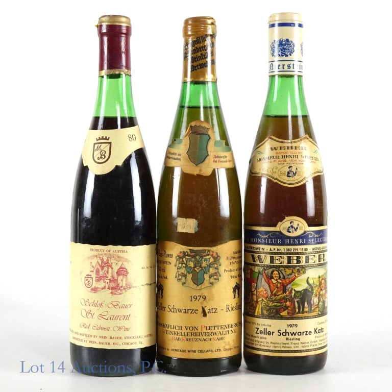 79 Zeller Schwarze Katz Riesling (2), Austrian Red: 1979 Germany Reichsgraflich Von Plettenberg'sche Zeller Schwarze Katz Riesling, 10% ABV, 750ml ****** 1979 Germany Weber Zeller Schwarze Katz Riesling, 10% ABV, 750ml ****** 1980 Austria Schloss - Bau