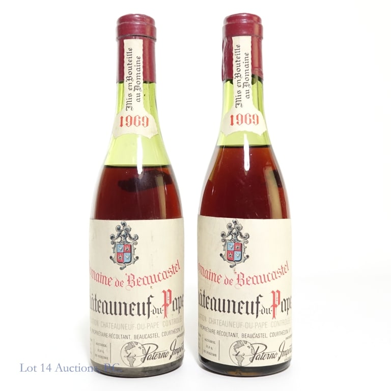 1969 Chateau de Beaucastel (2, 375ml ea): Two bottles of 1969 Chateau de Beaucastel Chateauneuf-du-Pape. Rare wines, good condition. See photos for details. 375ml each (750ml total) and 13.8% ABV.