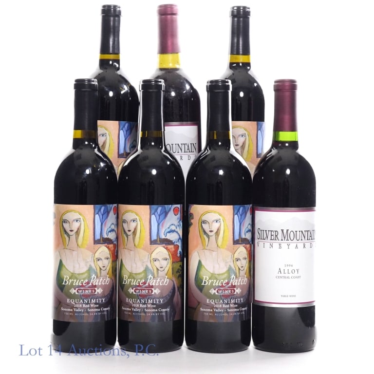 Bruce Patch Equanimity & Silver Mountain Alloy (7): Five (5) bottles 2018 Bruce Patch Equanimity Sonoma Valley Red Blend, 14.4% ABV, 750ml ****** Two (2) bottles 1996 Silver Mountain Alloy Central Coast Red Blend, 750ml.