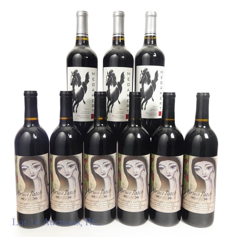 Bruce Patch & Megahertz California Cabernet (9): Six (6) bottles 2018 Steelhead Creek Bruce Patch Cabernet Sauvignon, 14.6% ABV, 750ml ****** Three (3) bottles 2012 Bello Family Megahertz Cabernet Sauvignon, 14.8% ABV, 750ml.