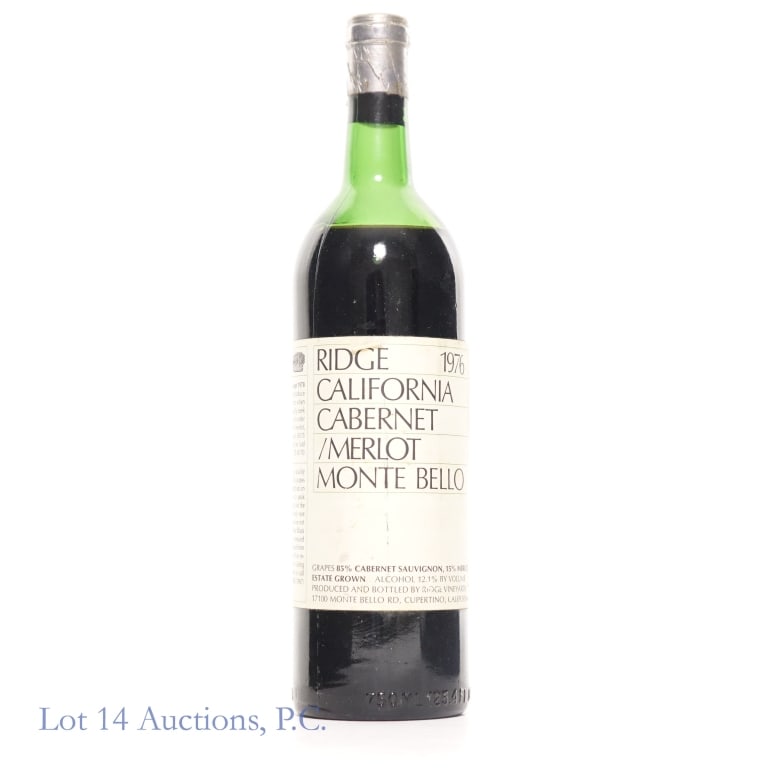 1976 Ridge Monte Bello Cabernet / Merlot: 1976 Ridge Monte Bello Cabernet Sauvignon / Merlot. Some damage and staining on the label. Mid shoulder fill. 12.1% ABV. 750ml. Per consigner, all bottles were stored horizontally in a temperature con
