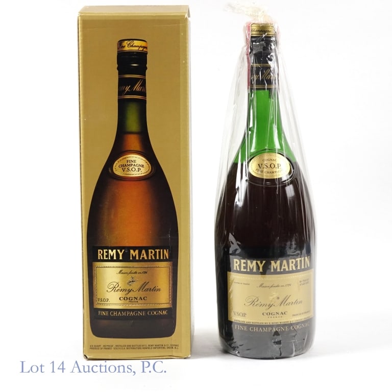60s/70s Remy Martin VSOP Fine Champagne Cognac: Remy Martin VSOP Fine Champagne Cognac, 80 Proof, 4/5 Quart. Series 112 1961-1977 tax strip fully intact. In original box.