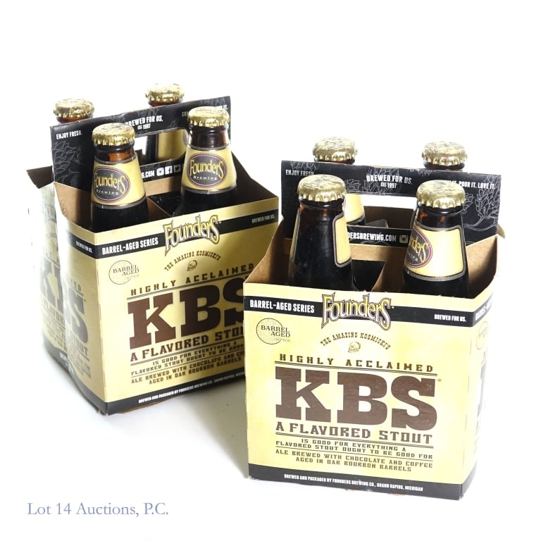 2018 & 2019 Founders KBS 12oz 4 Pack (2): 2018 Founder's KBS flavored stout brewed with chocolate and coffee, aged in oak bourbon barrels. Four (4) 12oz bottles in original carton ****** 2019 Founder's KBS flavored stout brewed with chocolate