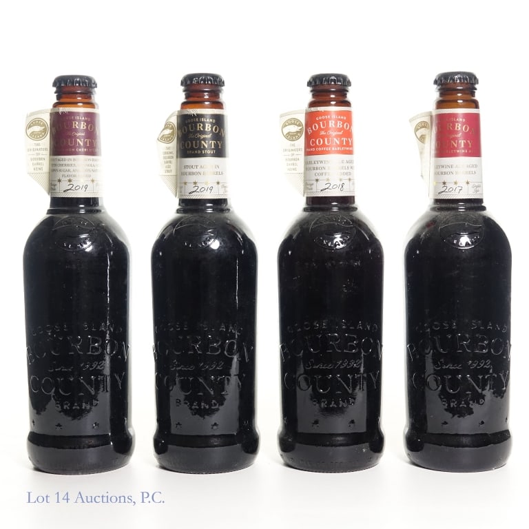 Goose Island Bourbon County Stouts & Ales (4): One (1) 2017 Goose Island Bourbon County Barleywine Ale. 1 pint .9 fl. oz. 14.4% ABV ****** One (1) 2018 Goose Island Bourbon County Barleywine Ale. 1 pint .9 fl. oz. 15.1% ABV ****** One (1) 2019 Goo