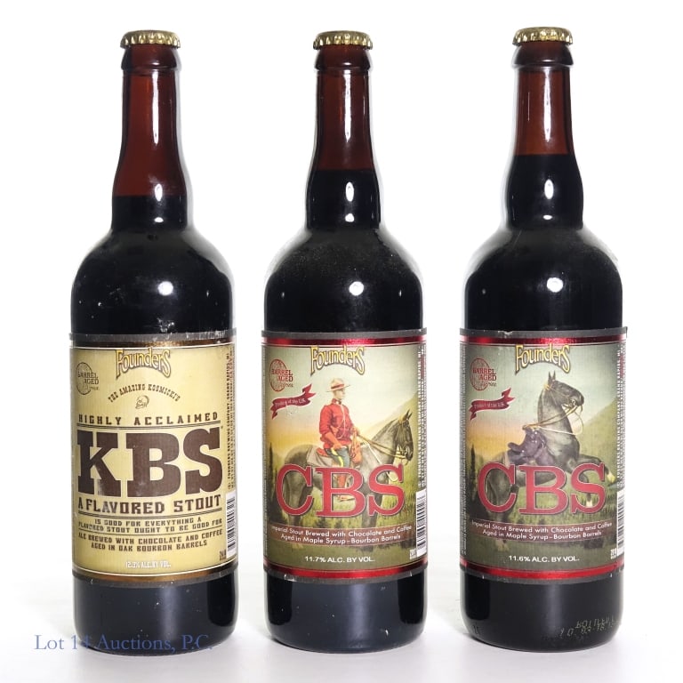 2017 & 2018 Founders CBS (2) & 2018 KBS (1) Stouts: 2017 Founder's CBS imperial stout brewed with chocolate and coffee, aged in maple syrup - bourbon barrels. 11.7% ABV. 750 ml ****** 2018 Founder's CBS imperial stout brewed with chocolate and coffee,