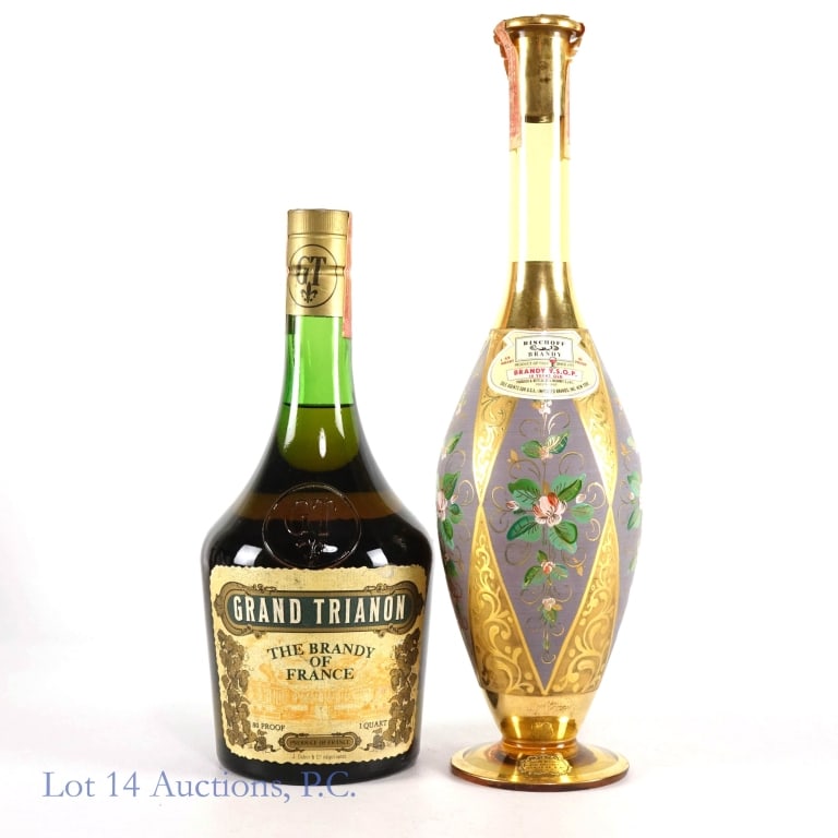Vintage Bischoff Decanter & Grand Trianon Brandy: 40s/50s Venetian Bischoff 10 Years Old V.S.O.P. Brandy. 4/5 Quart, 84 Proof. Hand blown glass decanter hand decorated with 18K gold. Fill at the middle of the top label. Tax strip