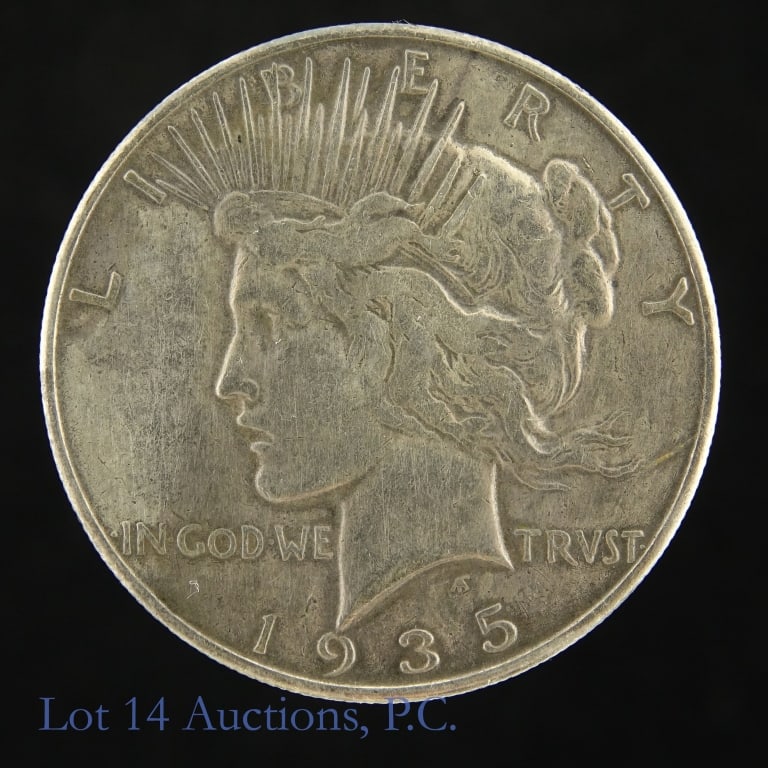 1935-S USA 90%-Silver Peace Dollar (Last Year): 1935-S United States silver peace dollar (San Francisco Mint). Scarcer date and last year of issue. Metal is 90% silver. Mintage is 1,964,000 with a PCGS survival estimate of 100,000 (R-2.0). *** Lot