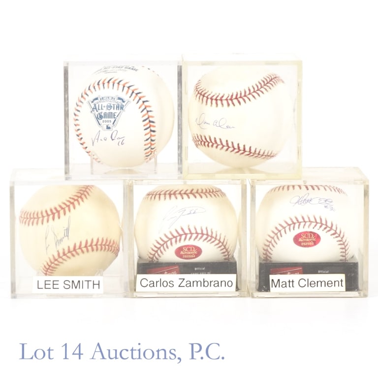 5 Baseballs Signed By Cubs Stars: Collection of 5 Baseballs signed by former Cubs Stars. Among the baseballs here you will find an Official Major League (Selig) baseball signed by Matt Clement. This baseball has a hologram type sticke