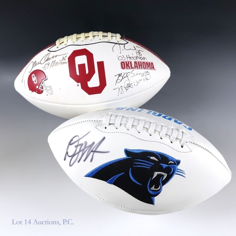 D.J. Moore & OU Heisman Winners Signed Footballs: D.J. Moore signed Panthers logo full size football. Beckett Witnessed on 4/2/22 in Chantilly, VA. COA #WV94142 ****** 3 Heisman winners Steve Owens, Billy Sims and Jason White signed OK Sooners logo f