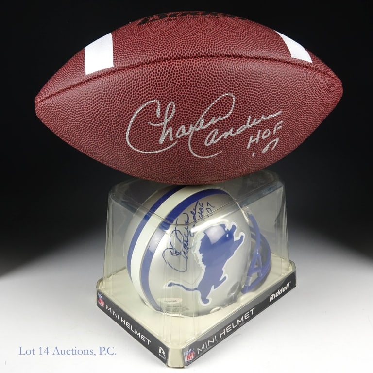 Charlie Sanders Signed Football & Mini Helmet COA: Charlie Sanders signed football. WPP In Syracuse NY 14 Jun 14. "HOF 07"inscription. JSA COA #W630440 ****** Charlie Sanders Lions mini helmet. 07/31/2008 Rosemont, IL, National Sports Collectors Conve