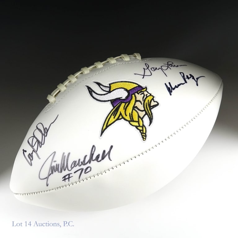 Purple People Eaters Signed Vikings Football, JSA: Purple People Eaters - Alan Page, Gary Larson, Carl Eller & Jim Marshall signed Minnesota Vikings football. JSA COA # T26252.