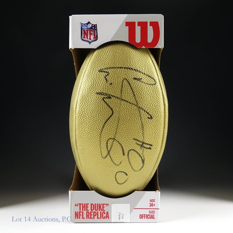 Cris Carter Sgd Ltd Ed. Gold NFL Football Schwartz: Cris Carter signed Wilson "The Duke" limited edition Gold Metallic NFL full size replica football. Schwartz COA #A425688.