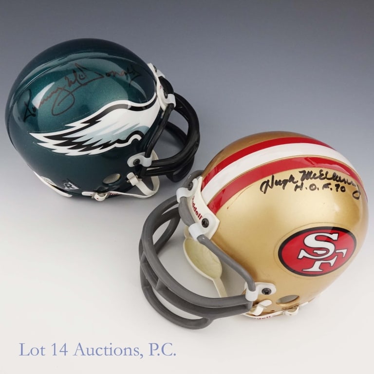 T. McDonald & H. McElhenny Signed Eagles & 49ers Mini Helmets: Tommy McDonald signed Eagles mini helmet. Topps COA #4476951 ****** Hugh McElhenny signed 49ers mini helmet.