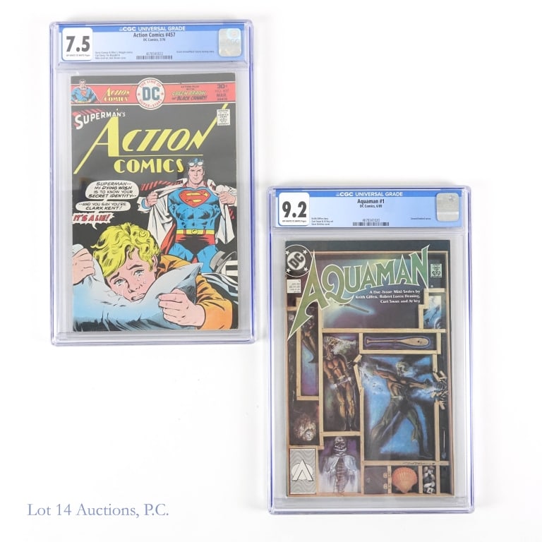 Action Comics & Aquaman, CGC Graded, DC (2): Action Comics & Aquaman, CGC Graded, DC (2). CGC graded comic books from DC. Aquaman #1 (1989); CGC 9.2; Second limited series. Action Comics #457; CGC 7.5; Green Arrow / Black Canary backup story. Ca