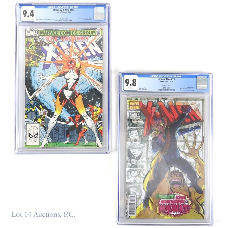 Graded X-Men Comics, Key Issue, MARVEL (2): Graded X-Men Comics, Key Issue, MARVEL (2). Two (2) CGC graded X-Men comic books. X-Men Blue #13; CGC 9.8; Cullen Bunn story; Jorge Molina and David Lopez art; Lenticular cover; Mojo appearance, Spide