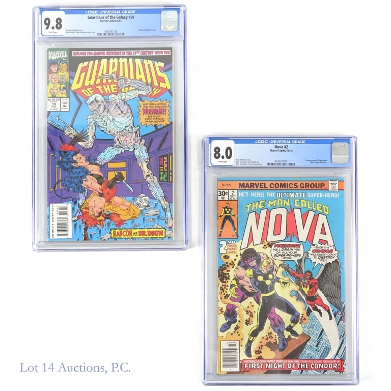 Guardians of the Galaxy, Graded Key MARVEL (2): Guardians of the Galaxy, Nova, Graded, Key MARVEL (2). Guardians of the Galaxy #39; CGC 9.8; Michael Gallagher story; Kevin West and Steve Montano art; Embossed holofoil cover. Nova #2; CGC