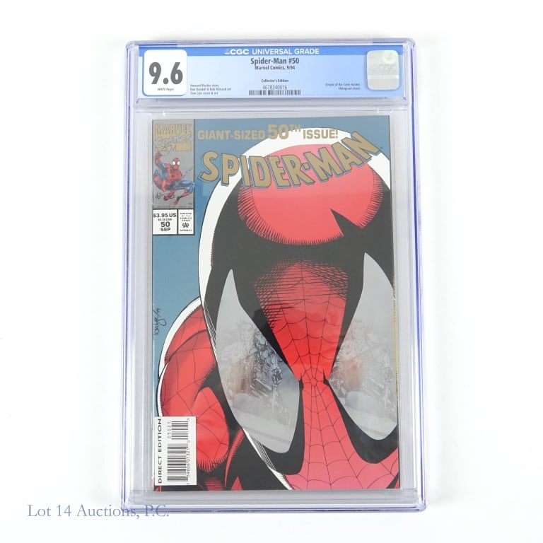 Spider-Man #50, CGC 9.6, Variant, MARVEL: Spider-Man #50, CGC 9.6, Variant, MARVEL. A 1994 Spider-Man #50 Collector's Edition Variant. GCG 9.6. Origin of Grim Hunter, Hologram cover. Case appears unharmed. See photos for more details on condi