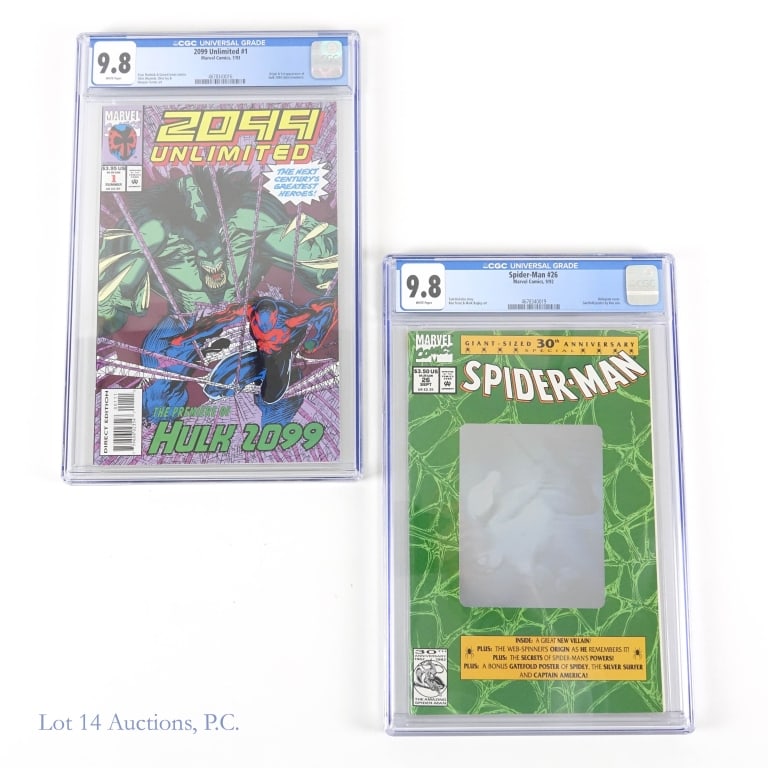Spider-Man, 2099 Unlimited, CGC, Key, MARVEL (2): Spider-Man #26, 2099 Unlimited #1, CGC, Key, MARVEL. CGC graded comic books from Marvel including a Key Issue. Spider-Man #26 - CGC 9.8; Hologram cover; Gatefold Poster by Ron Lim. 2099 Unlimited #1 -