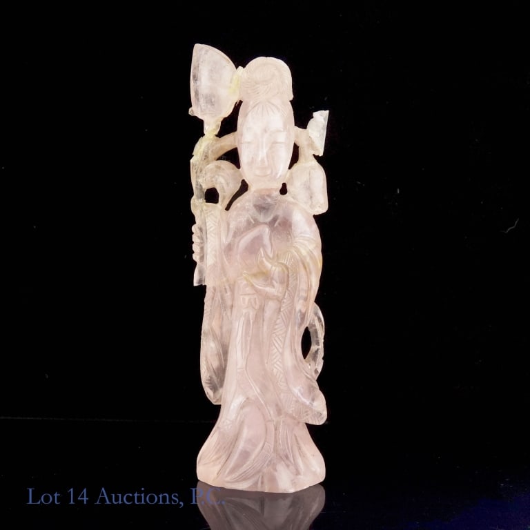 Chinese Maiden Rose Quartz Carved Figurine: Antique Chinese figurine of a woman carved from rose quartz. There are some chips and cracks throughout, and some visible glue from old repairs. It measures approximately 5" tall. See photos for detai