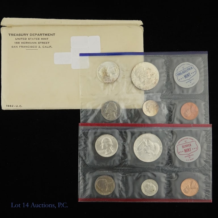 1962 (P) USA Silver 10-Coin Mint Set in OGP: 1962 United States 90%-silver mint set (Philadelphia, Denver Mints) in its original blister packs and gov packaging. Set Mintage is 385,285. Half dollar, quarter, and dimes are 90% silver with total A