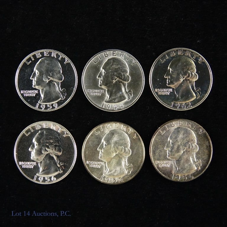 USA 90%-Silver Washington 25c (3 Proof), 6: Six (6) United States 90%-silver Washington quarters (Philadelphia, San Francisco Mints). Estimated actual silver weight is slightly above one troy ounce. Per consigner, gem proof and BU condition. Da