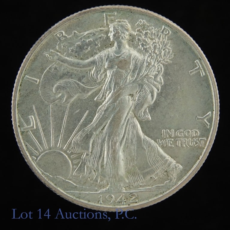 1942-D USA Silver Walking Liberty 50c (GEM BU): 1942-D silver walking liberty half dollar (Denver Mint). Per consigner in gem BU condition. Metal is 90% silver and weighs 12.50 grams (ASW = 0.36169 ozt). Silver content confirmed on Lot 14