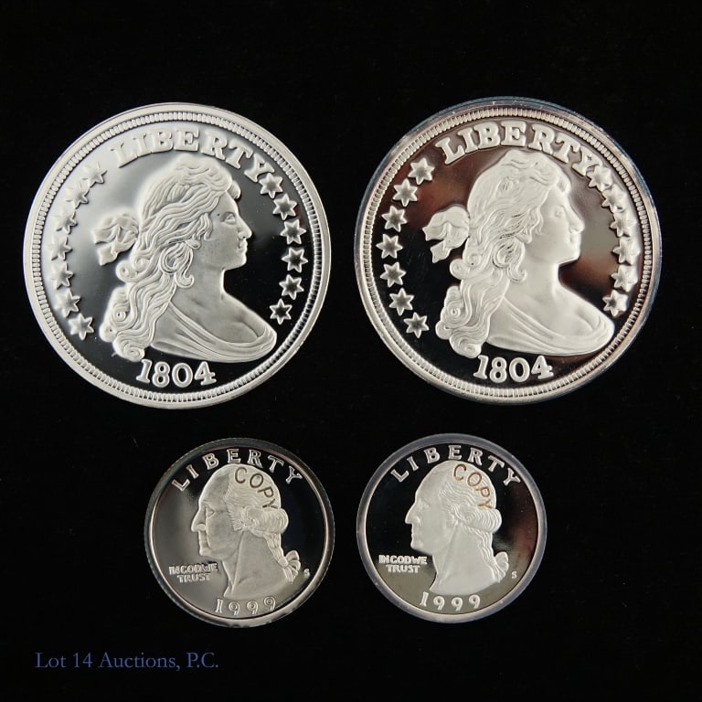 Various Silver & Clad Replica Coin Rounds (4): Four (4) various silver and clad replica novelty rounds with clear COPY imprint. Details: ---silver liberty round edge stamped .999 fine silver (no weight on coin). (tested positive for 99.9%