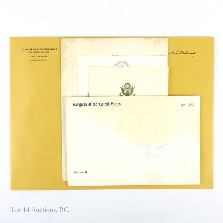 John Kennedy Inaugural Invitation (Rostenkowski): Originally from the Estate of Congressman Dan Rostenkowski. This package was for Congressman Rostenkowski's wife. Water damage noted. Invitation to the Inauguration of John F. Kennedy and Lyndon Baine